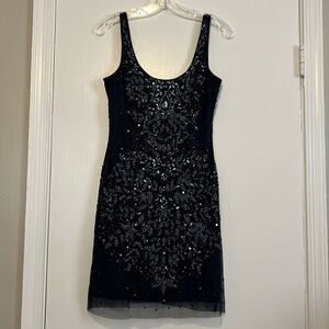 Adrianna Papell Navy Blue Sequin and Bead Cocktail Dress, Size 6, pre-owned